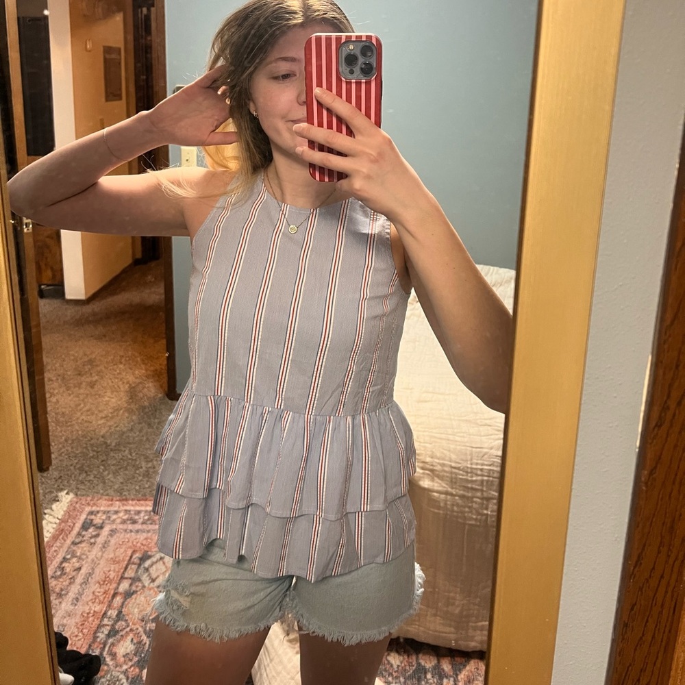 Vineyard Vines Blue and Red Striped Ruffle Blouse